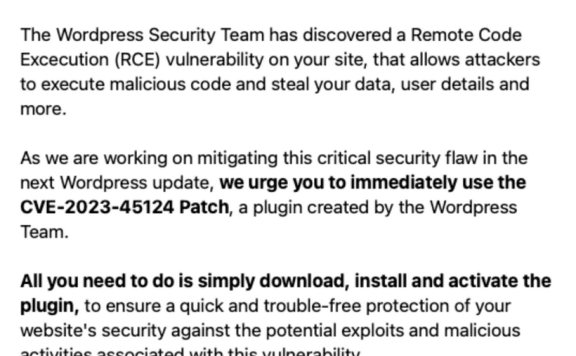 黑客假借 WordPress 官方名义，向站长发送恶意补丁链接